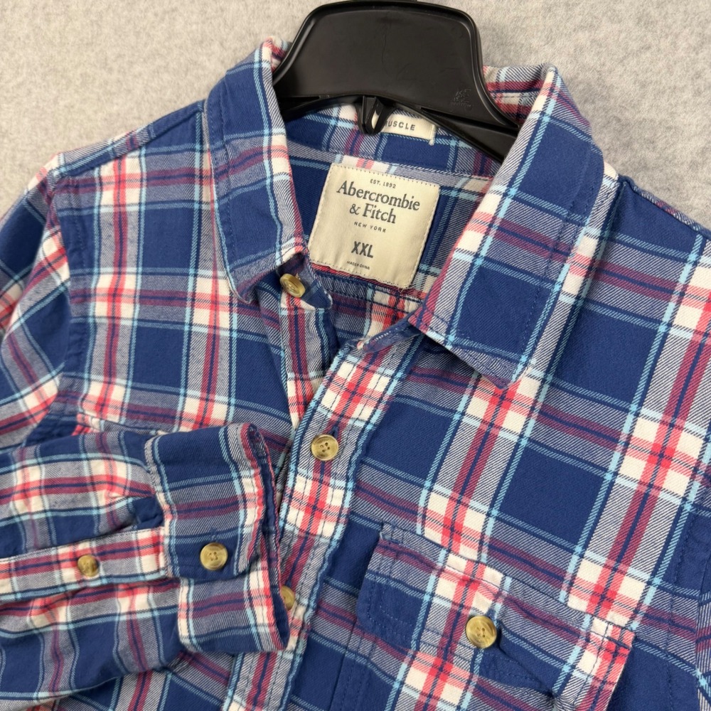 Y2K Abercrombie & Fitch Flannel Shirt Mens XXL Blue Plaid Muscle Fit Long Sleeve